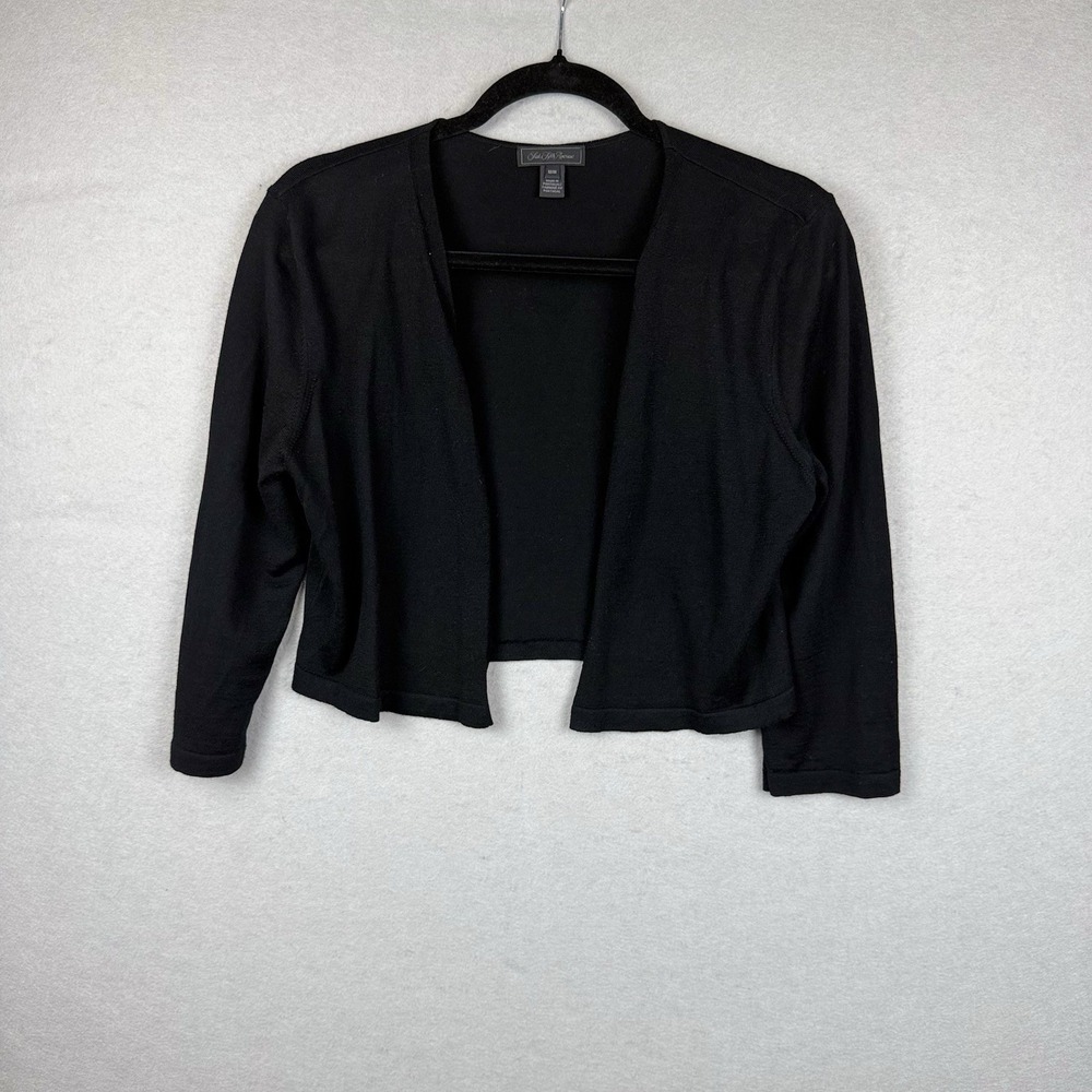 Saks Fifth Avenue Black Wool Silk Luxury Cropped Bolero Cardigan Shrug Sweater M